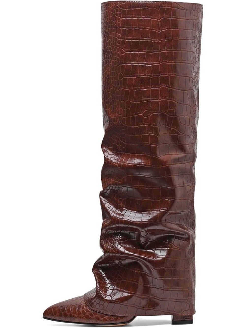 Women's Brown Pointed Toe Fold Over Solid Chunky Shark Slouchy Knee High Boot